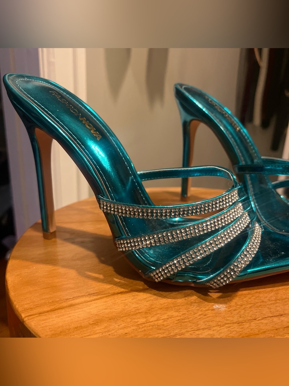 Miami ready Metallic Teal Crystal-Strap Stiletto Mules